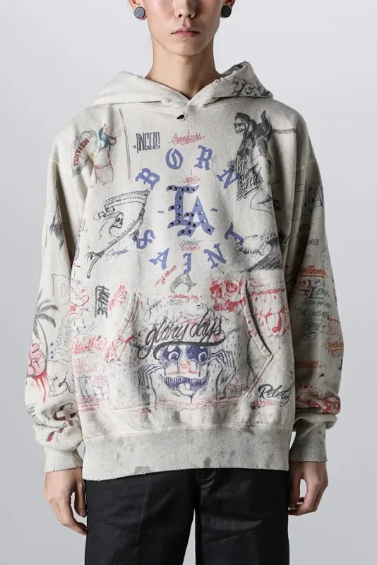26FW SAINT x Ber B J Co-brand Big Logo Printed Women Men Washed Hooded Sweatshirt Hoodies Vintage Distressed Men Casual Hoodie