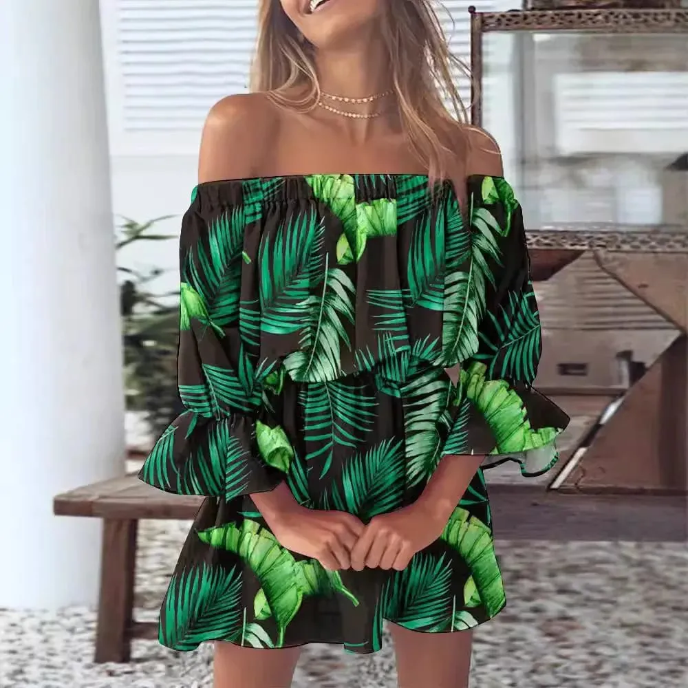 Women Off-Shoulder Ruffled Sleeve Printed Dress with Casual Boho Style for Beach or Vacation Occasions