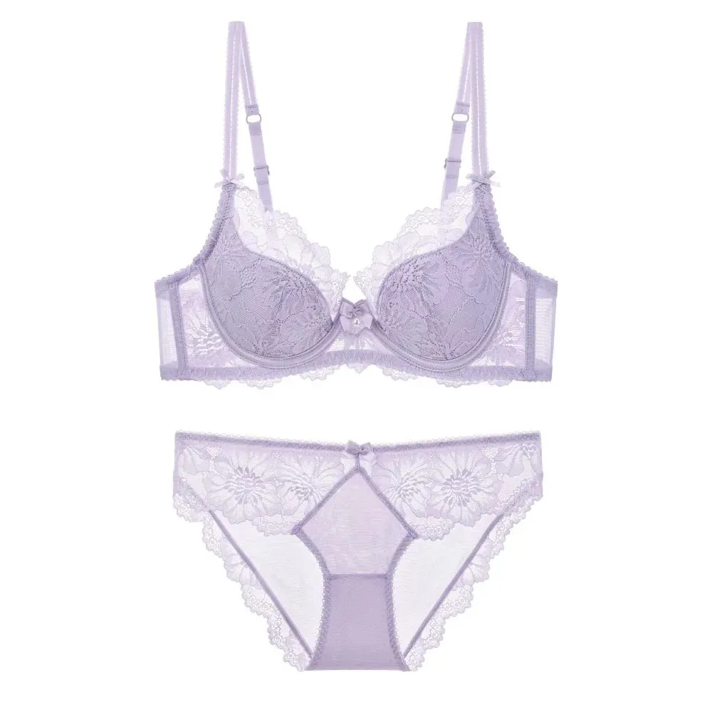 Women Lace Bra Panty Set Summer Thin Push Up Side Support Anti Sag Sexy Pure Desire Lingerie Underwear Suit 32‑38