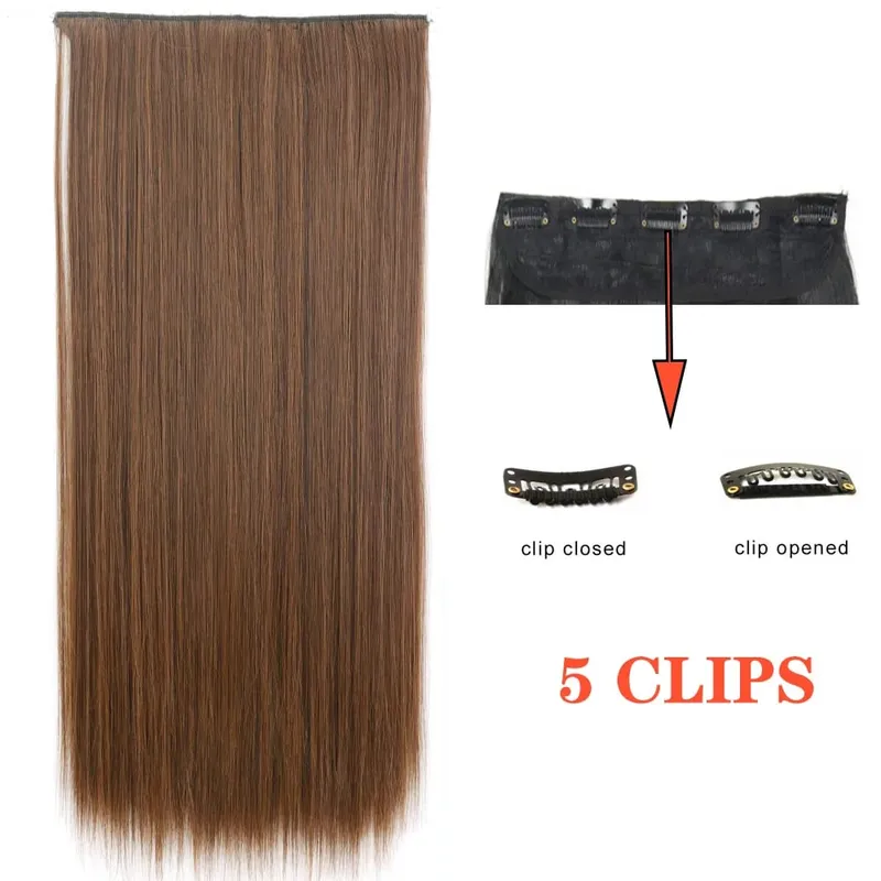 Synthetic Long Wave 5 Clips Hair Extensions Clips in High Temperature Fiber Black Brown Hairpiece