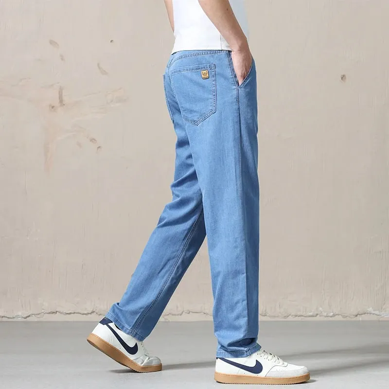 New Spring Summer Light Blue Men's Jeans Business Straight Cotton Black Casual Pants Trousers for Male Plus Size 28-40