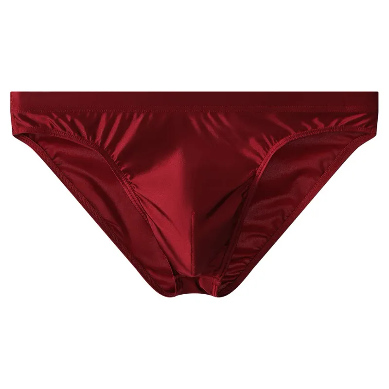 Luxusní hnědé saténové pánské bikiny kalhotky s vysokým elastickým pasem Hladké lesklé spodky s 3D obrysovým váčkem Prodyšné intimky — image 5