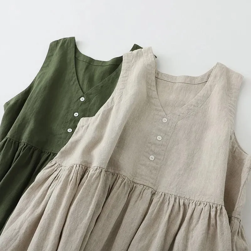2026 New Women's Cotton Linen Sleeveless Dress Casual Button Down Loose Midi Dresses for Summer Women's Casual Dresses