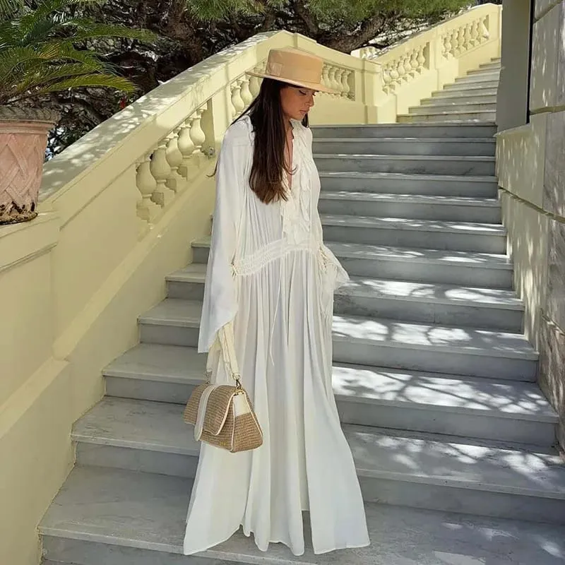 Elegant White Ruffles Maxi Dresses Women Fashion Loose V-Neck Lace-Up Long Robes Female Casual Vacation Birthday Party Vestidos — image 2