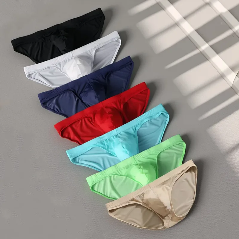 Plus Size M-4XL Man Ice Silk U Pouch Briefs Low Waist Translucent Nylon Underwear One-piece Sexy Ultra-thin Male Underpants