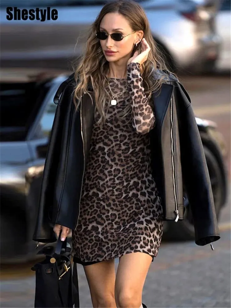 Shestyle Leopard Sexet A-Line Kjole Kvinder Todelt Sæt Mesh Se Gennem Mode Ekstremt Hot High Street Dyreprint Stilfuldt
