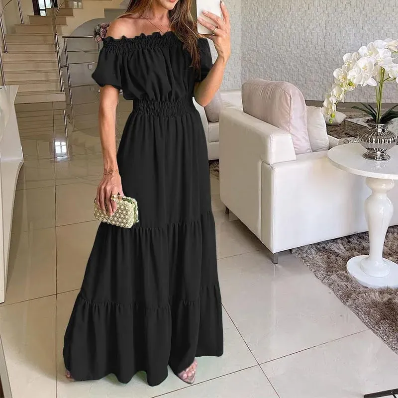 2025 Summer Solid Boho Dress Women Fashion Elegant Beach Party Dress Casual Slash Neck Office Maxi Dresses For Woman Robe Femme