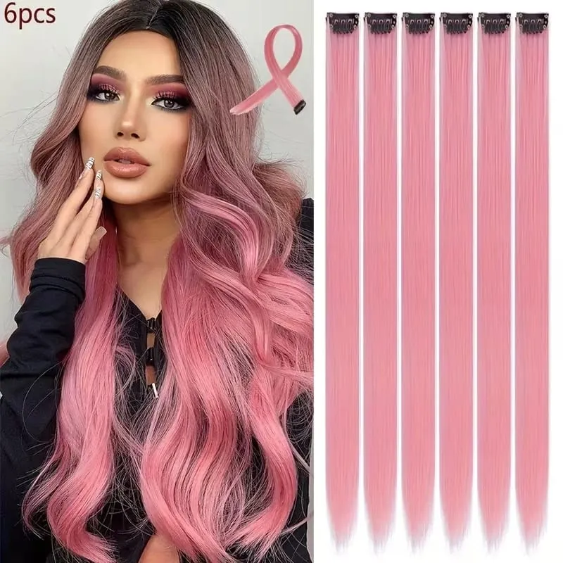 22Inch Synthetic Long Straight 6pcs Hair Extension Clip in Fashion Color Hair Rainbow for Women Daily Use