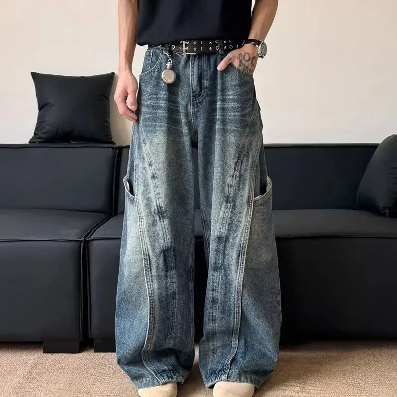 Korean Version Men'S Curved Knife Jeans With Loose Retro Design Straight Leg Pants Casual Large Pocket Wide Leg Pants