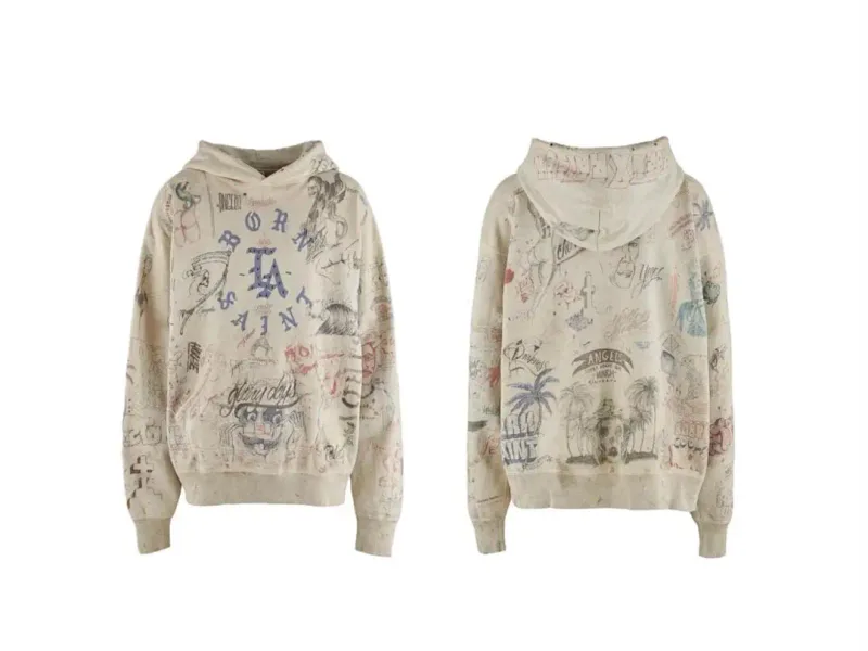 26FW SAINT x Ber B J Co-brand Big Logo Printed Women Men Washed Hooded Sweatshirt Hoodies Vintage Distressed Men Casual Hoodie