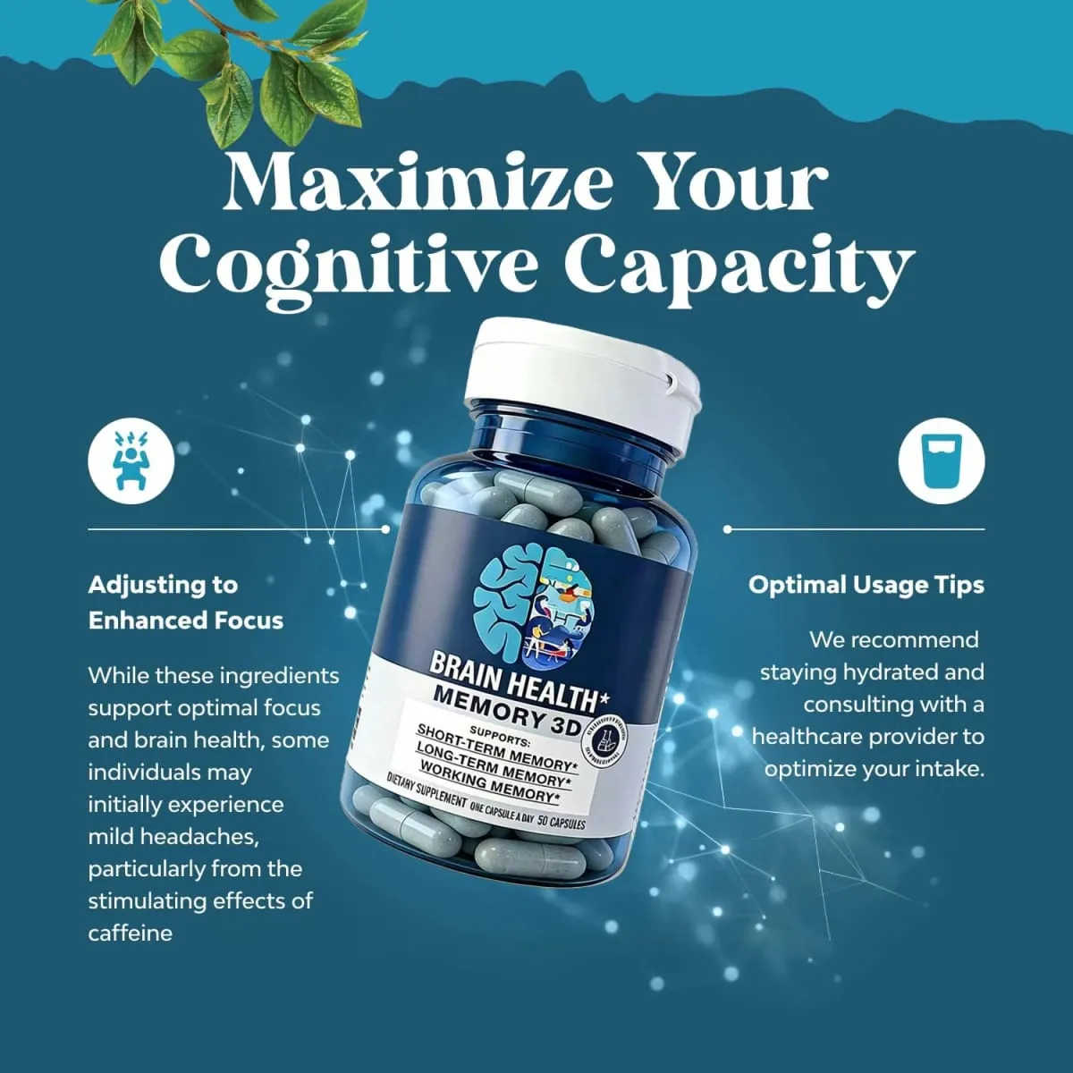 Memory 3D Brain Supplements for Memory and Focus Vitamin B12 & B6 Folic Acid 50 Count Capsules
