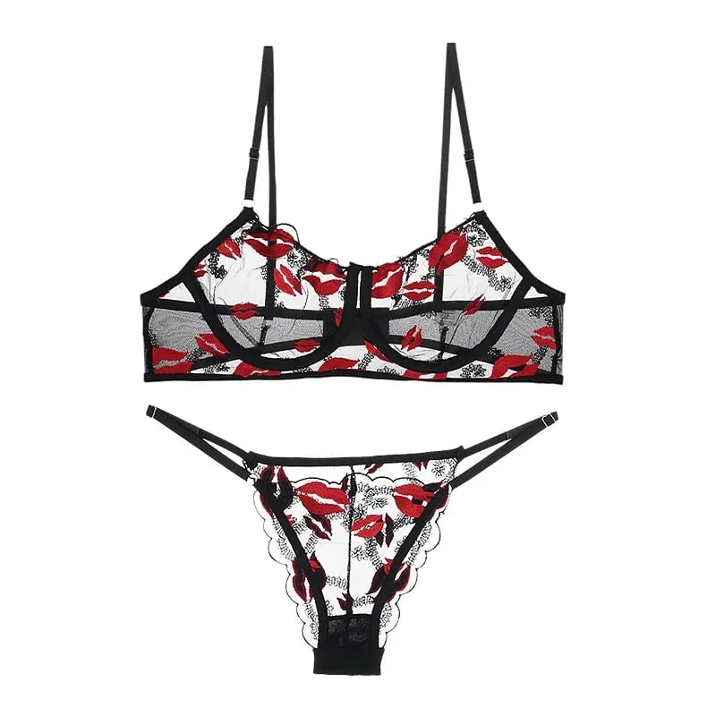 Women Floral Embroidery Sheer Mesh Lingerie Set Underwire Bra and Briefs Adjustable Straps Ladies Intimates Suit