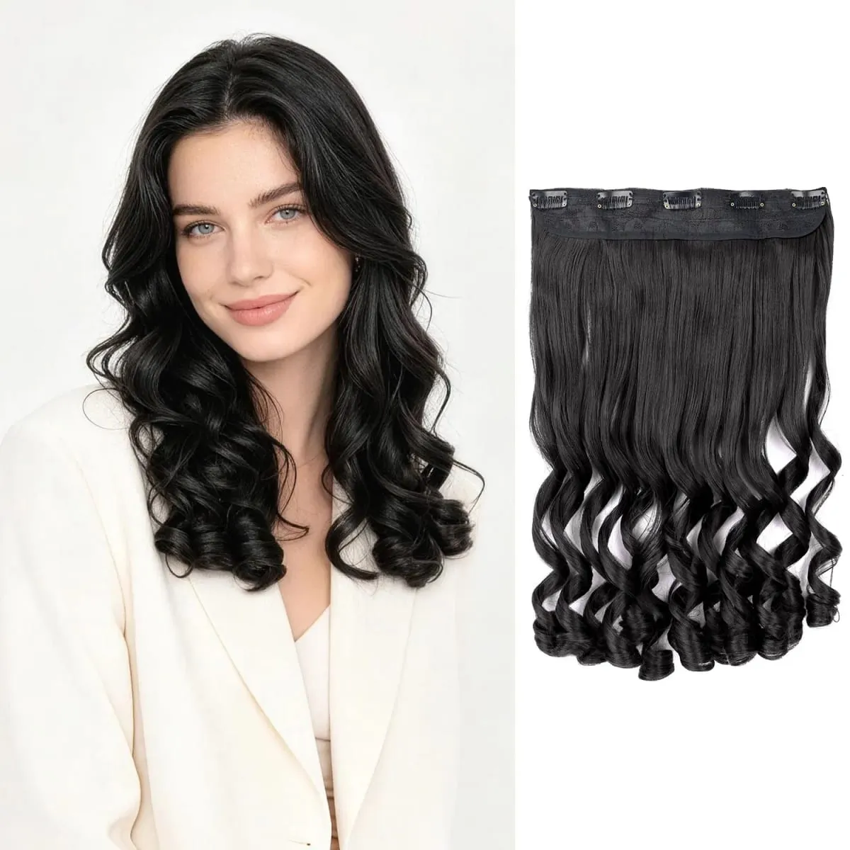 Synthetic clip in one piece hair extensions 5 clips in one piece hair wavy style 16inch french curl for women ladies daily party