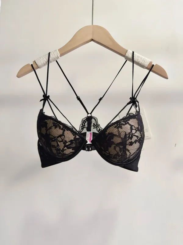 Minimal Romantic Coquette Lace Front Clasp Bra Set Wirefree Ultra Thin Straps Beauty Back Small Bust Create Curvy Lookr MOYISU