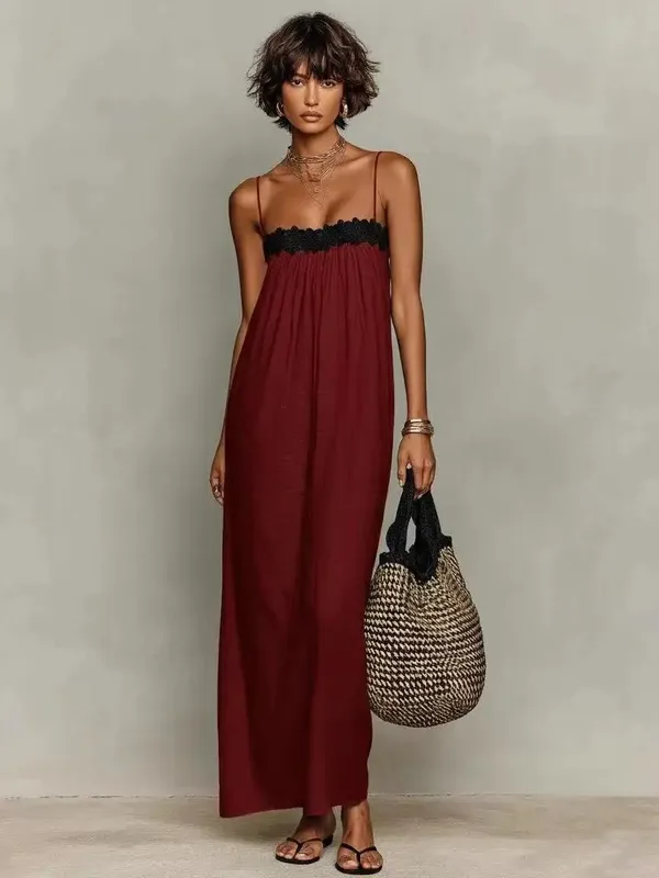 Women's Summer Boho Maxi Dress Spaghetti Strap Lace Patchwork Loose Beach Sundress Casual Vacation Long Dresses — image 4