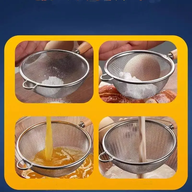 1-3pcs Wooden Handle Flour Sifter And Strainer Fine Mesh Stainless Steel for Home Baking Cooking Juice And Powder Filtering — image 7