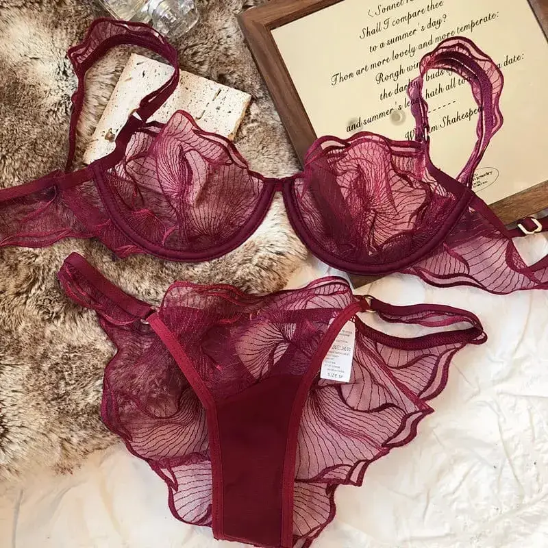 French Embroidery Lace Bra Set For Women Ultra Thin Sheer Minimizer Bra Hollow Out Lingerie Brassiere 32-38AB Elegant Daily Wear
