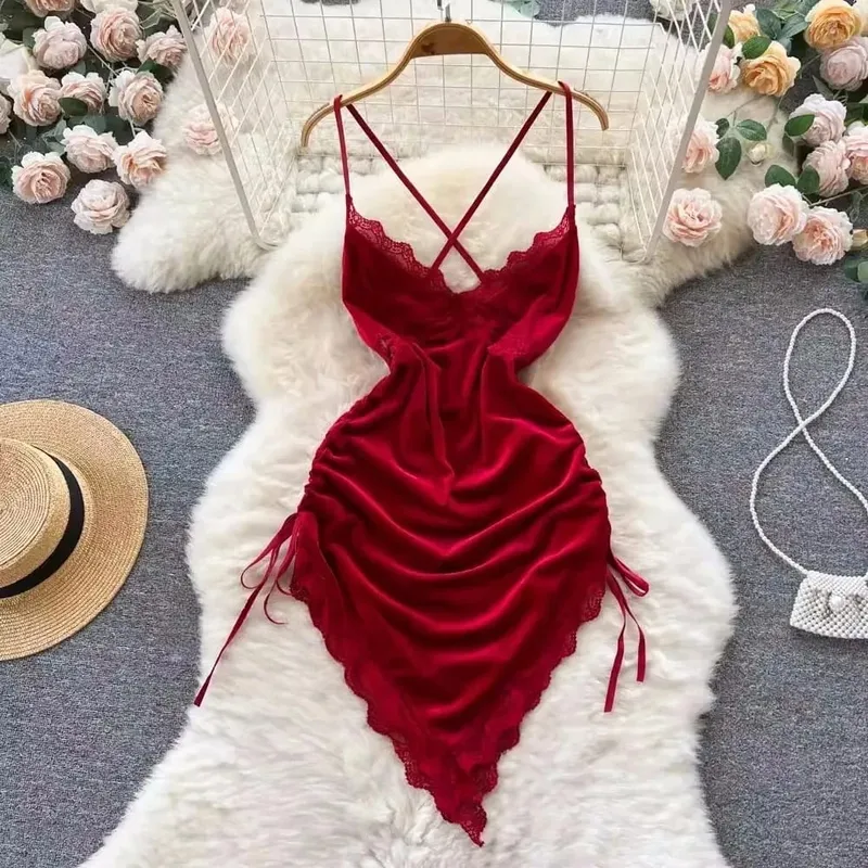 Women Sensual Lace Dress Women V-Neck Open crotch Slim Comfortable Dress Fashion Breathable Sheer Mesh Short Dress New