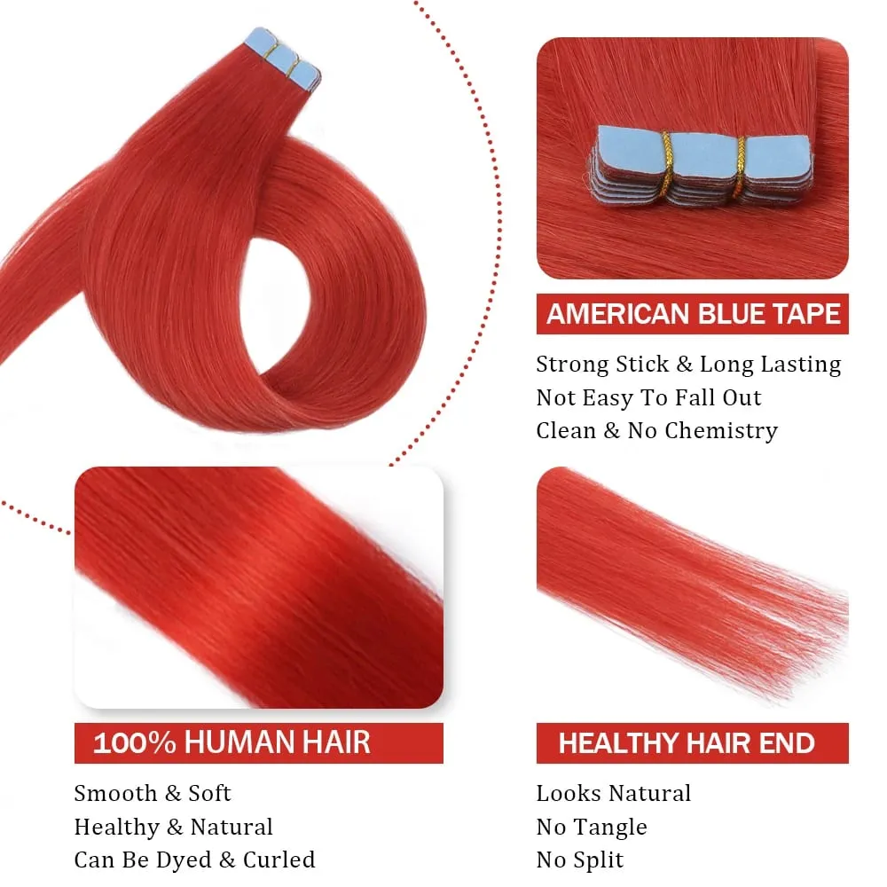 Colorful Mini Tape In Hair Extensions Human Hair Skin Weft Machine Remy Red Natural Straight 12-20 inch 10pcs Tape In Extension