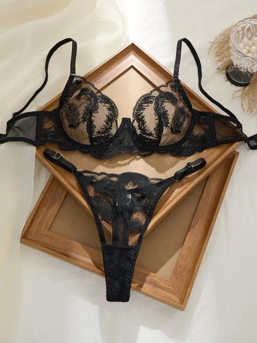 Black Feathers Women's Bra Set Soft And Stylish Intimate Apparel Ensemble Comfortable Feminine Lingerie
