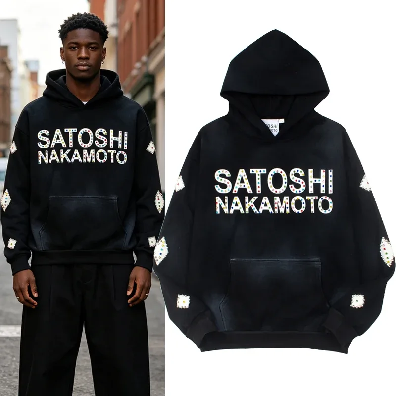 Hoodies Pullover 26ss Vintage Embroidery Leather Pattern Glittering Diamond Print Men's Hooded Hip Hop Style Sweatshirts