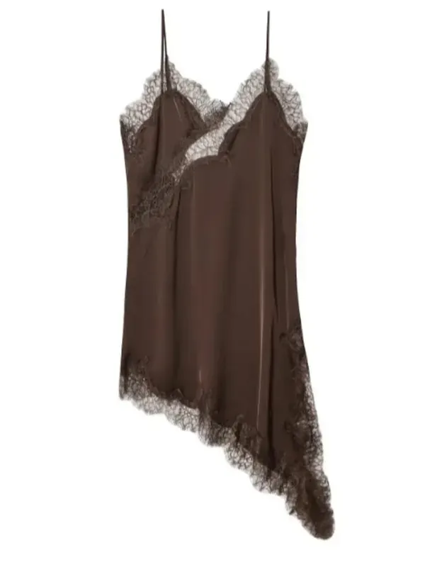 Brown Satin Lace Splicing Sling Dress Women Elegant Irregular Hem V Neck Backless Sleeveless Gown Chic Women Party Club Vestidos