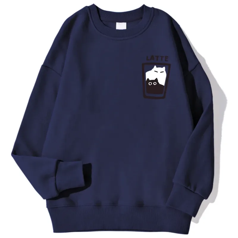 Cat Latte Cartoon Design Men Sweatshirt Fashion Casual Hooded Vintage Loose Hoodies Korean Fleece Clothing