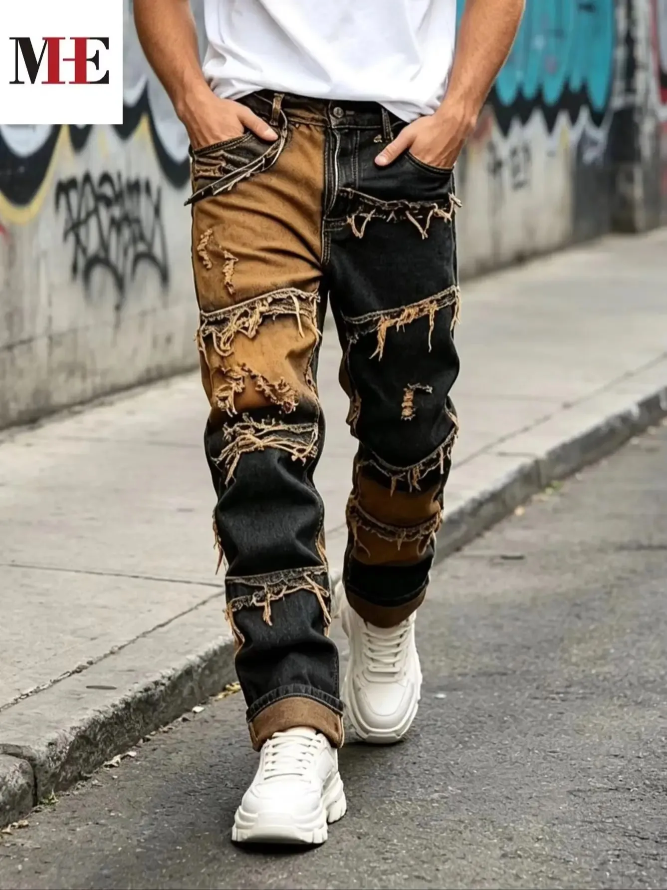 【HME】Men's Jeans | Straight‑Fit Deconstructed Denim Pants vintage Mud‑Wash Two‑Color Spliced Denim Trousers Exposed Frayed Tassel Seams Classic Five‑Pocket Construction Durable Fabric Fashion Men Casual Pants