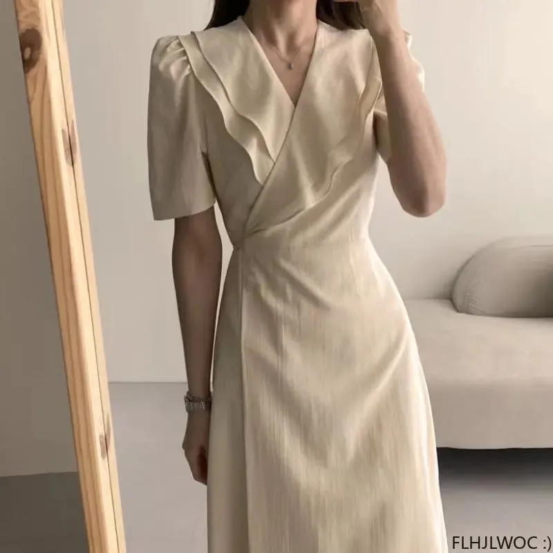South Korea Chic Midi Dress Women Summer Japan Style Retro Vintage Design Ruffles Pink One-Piece Lace-Up Dress FLHJLWOC Vestidos
