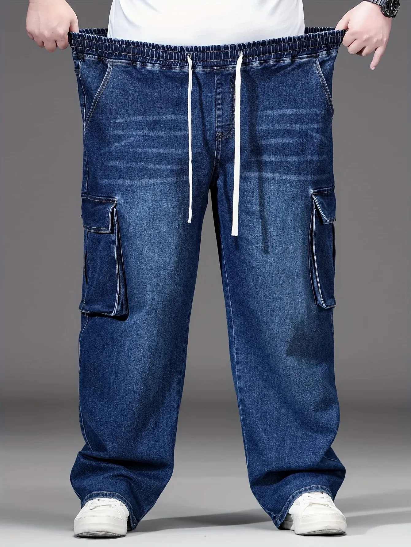 2026 New Men Oversized Jeans High Waist Elastic Drawstring Stretch Baggy Denim Pants Casual Versatile Plus Size Trousers