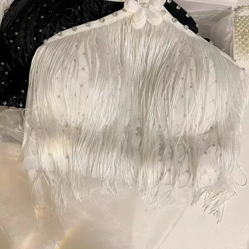 Decorative Halter Top with Padded Cups Long Tassel Pearl Sparkling Diamond Retro Millennial Style Sexy Halter