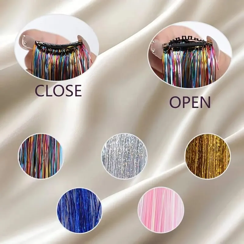 Synthetic Rainbow Tinsel Hair Extensions Clip In Shiny Glitter Wig Hairpiece for Women Party Cosplay Daily DIY Hair Accessory