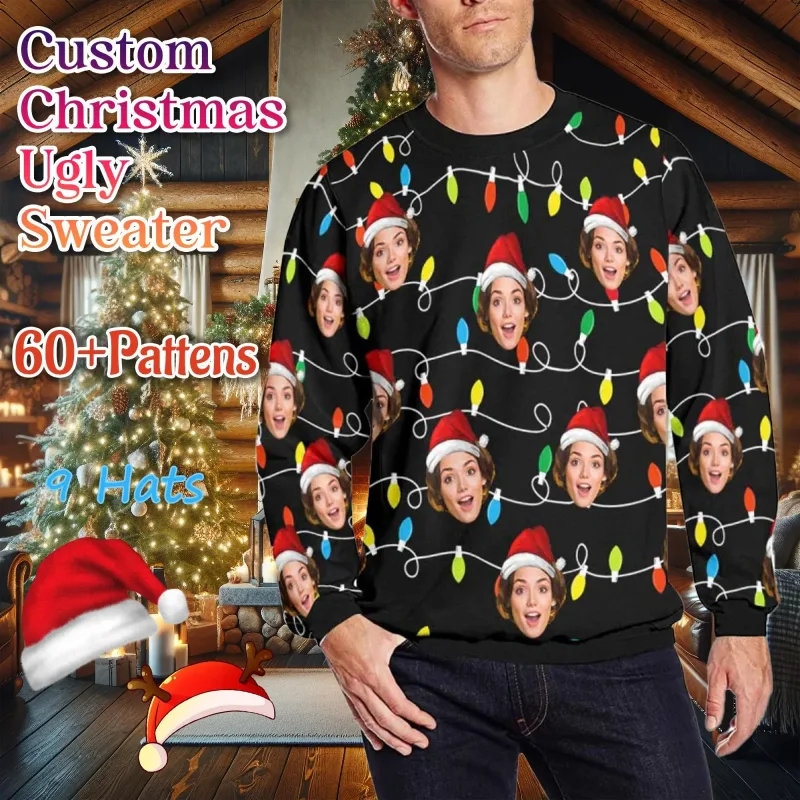 Personalizado sua foto 3d impressão feia camisola de natal diy rosto família pullovers imagem engraçada moletom personalizado presente de natal unisex