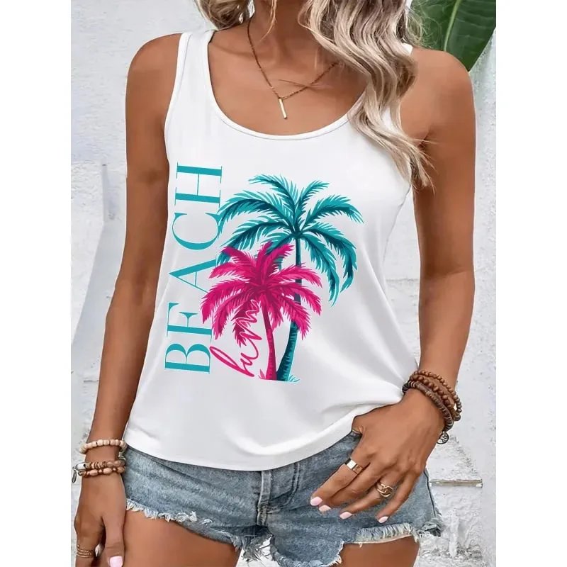Women's Cool Summer Tops with Coconut Tree Prints Sleeveless Tops. Comfortable and Casual Beachwear for a Vacation Style.