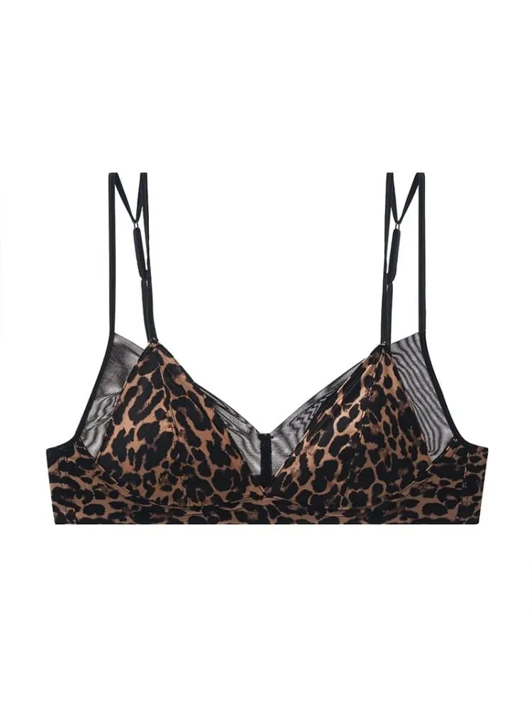 Popular Leopard Pattern Bralette Set Wire Free Soft Padded Small Breast Lift French Minimalist Women Everyday Lingerie 32A-38BC