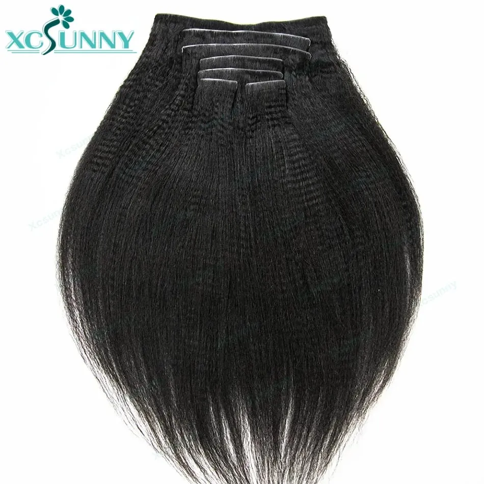 Invisable Edge Clip Ins Human Hair Extensions Yaki Straight Injected PU Tape Weft Clip In Hair Extensions 7Pcs/set Clip on Hair