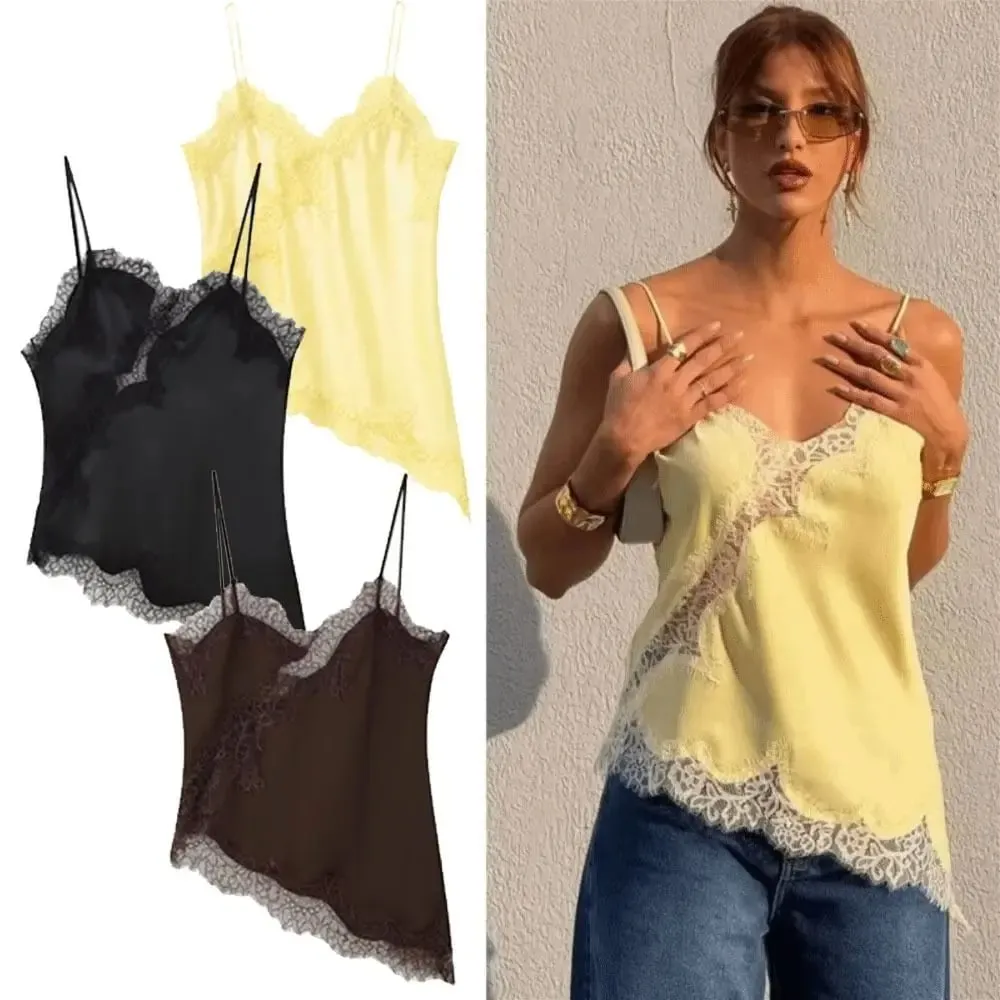 Elegante assimétrico rendas retalhos topo sem mangas sem costas camisola topos com decote em v sexy rendas feminino regata verão wear