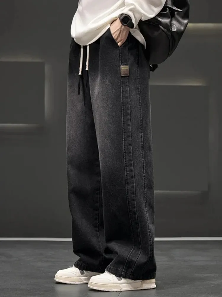 Spring New Wide Jeans Men Straight Vintage Drawstring Trousers Loose Pants Casual Solid Color Fashion Pants Big Size
