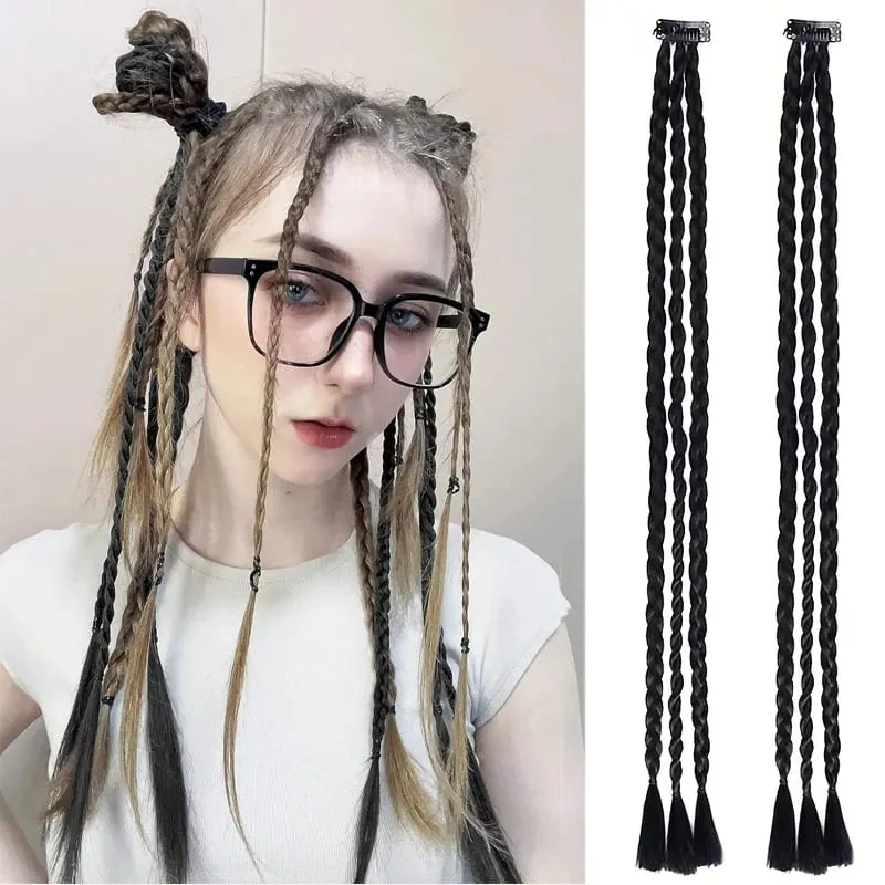 2Pcs Clip‑in Y2K Boxer Braid Ponytail One Clip Three Braids Long Synthetic Fake Hair Extensions For Women