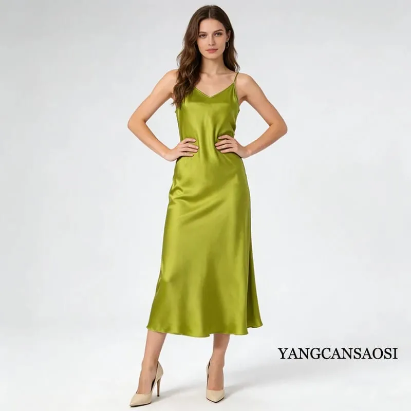 2026 Women's Fashion New 21MM 100% Natural Mulberry Silk Plain Satin Extended French Sexy Adjustable Shoulder Strap Solid Dress