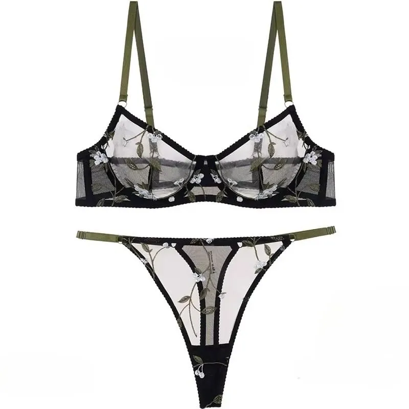 Modest European Lace Sheer Embroidery Underwire Bra Set Minimizer Anti-Sagging Support Big Bust Comfort Lingerie S-XL