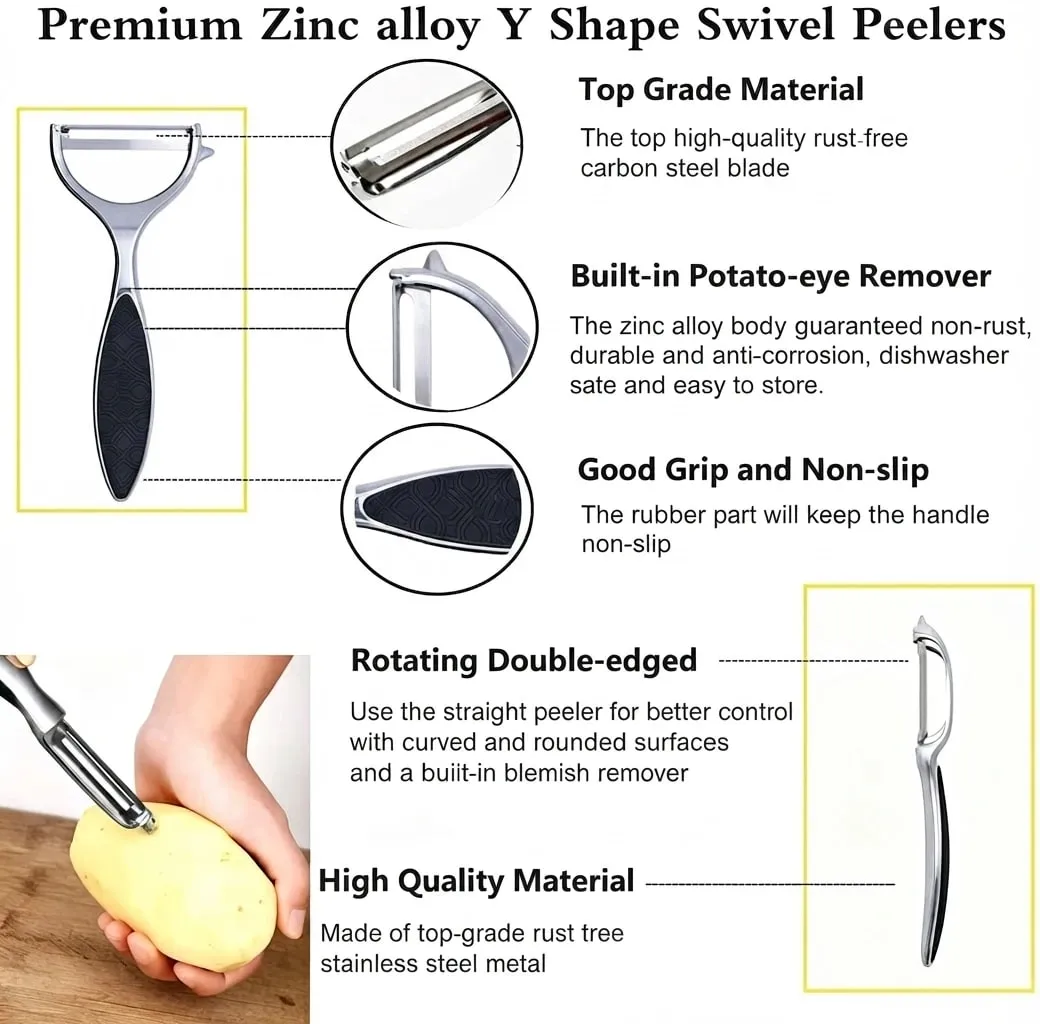 2pcs Potato Peeler Vegetable Peeler Zinc Alloy Y Shaped Rotatable Peeling Tool for Apple Potato Carrot Cucumber Fruit Kitchen