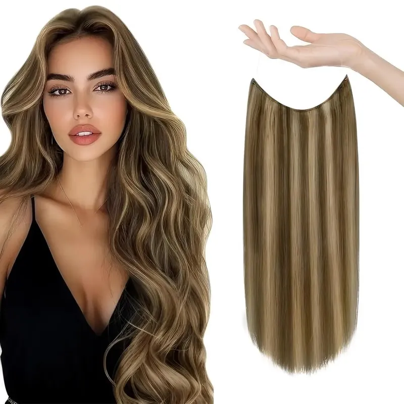Invisible Halo Hair Extensions Real Human Hair Fish Wire Adjustable Band Secret Clip-in Extension for Women Chocolate Brown