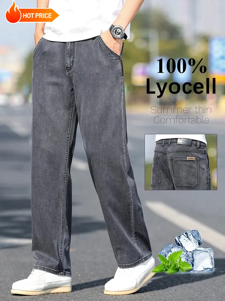 Loose Wide-leg Men's Thin Jeans Lyocell Soft Drape Fabric Comfort Trousers Spring Summer Fashion Brand Washing Denim Pants