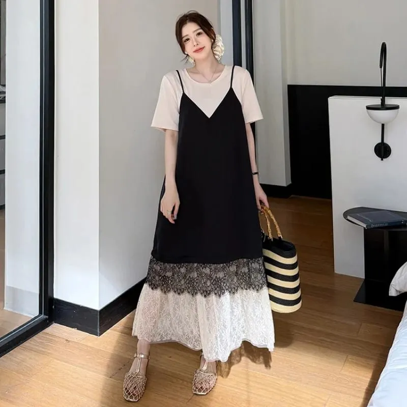 New 2026 Summer Women's Dresses Loose Plus Size Patchwork Lace Vestidos Fake Two Piece Female T-Shirt Dress Robe KE6690
