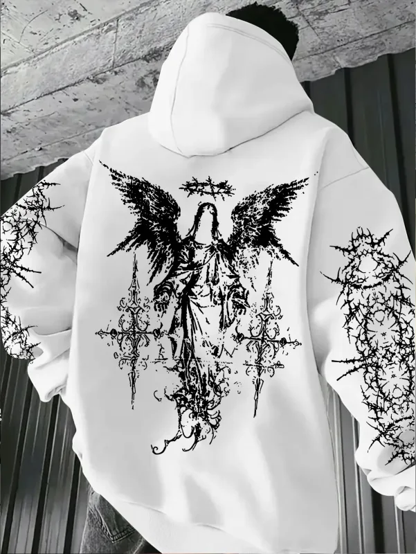 Men's Angel-themed graffiti thorn print streetwear hip-hop punk style hooded sweatshirt regular fit version sweatshirt hoodie