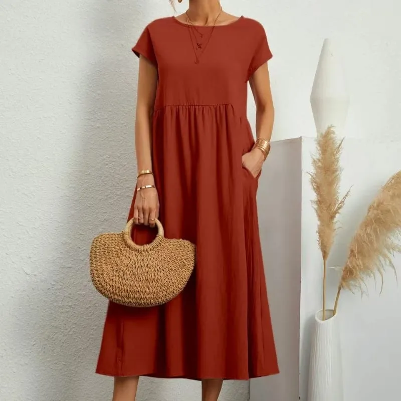 Premium Elegant Solid Cotton Linen Dress Summer Midi with Pockets Loose Fit Casual Crew Neck Short Sleeve for Beach Travel — image 15