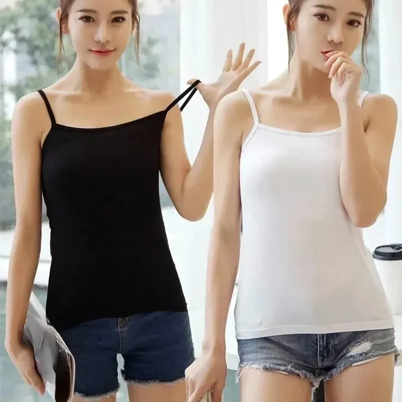 Women Sexy Milk Silk Tops Spaghetti Strap Tops Solid Color Strap Slim Vest Female Basic Tanks Bra Underwear Summer Base Shirt