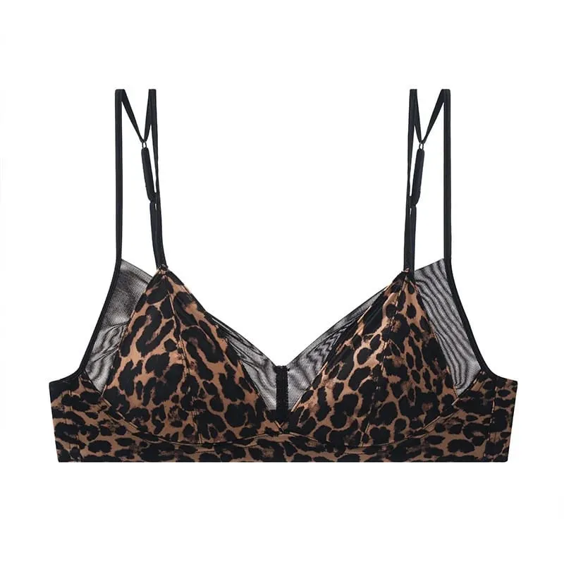 Modish Leopard Intimate Set Non-wire Thin Triangle Bra Breathable Summer Nude Fabric Small Chest Firm Gathering Womens Indoor