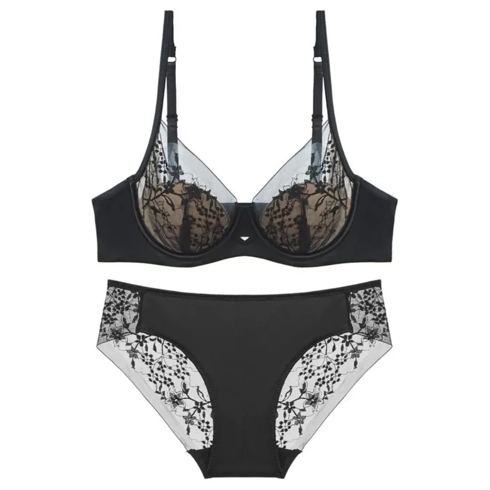 Women Lace Lingerie Set Thin Cup Minimizer Bra Panty Kit Full Coverage Breathable Intimates for Big BustFashion Daily Underwear